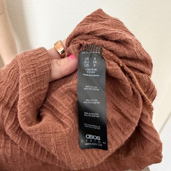 [ASOS] Brown Textured Long Balloon Sleeves Front Tie Ruched Mini Dress Size US 4 - Picture 10 of 12